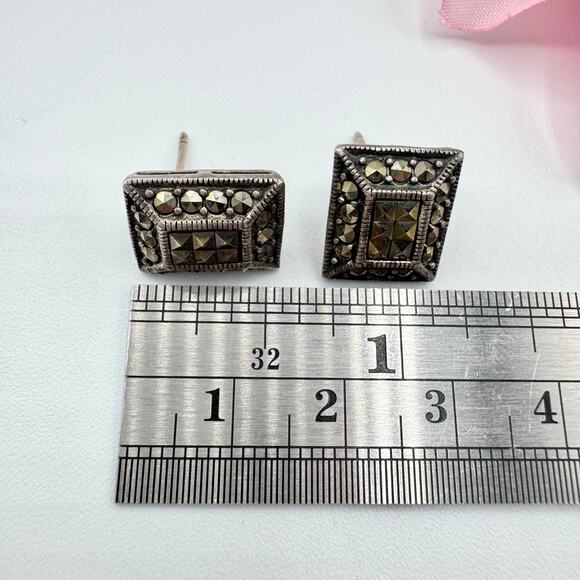Marcasite Rhinestone 925 Silver Art Deco Revival Rectangle Earrings Tested - Picture 12 of 15